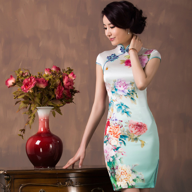 四小姐,繁花似锦双层桑蚕丝民族风旗袍晚礼服,