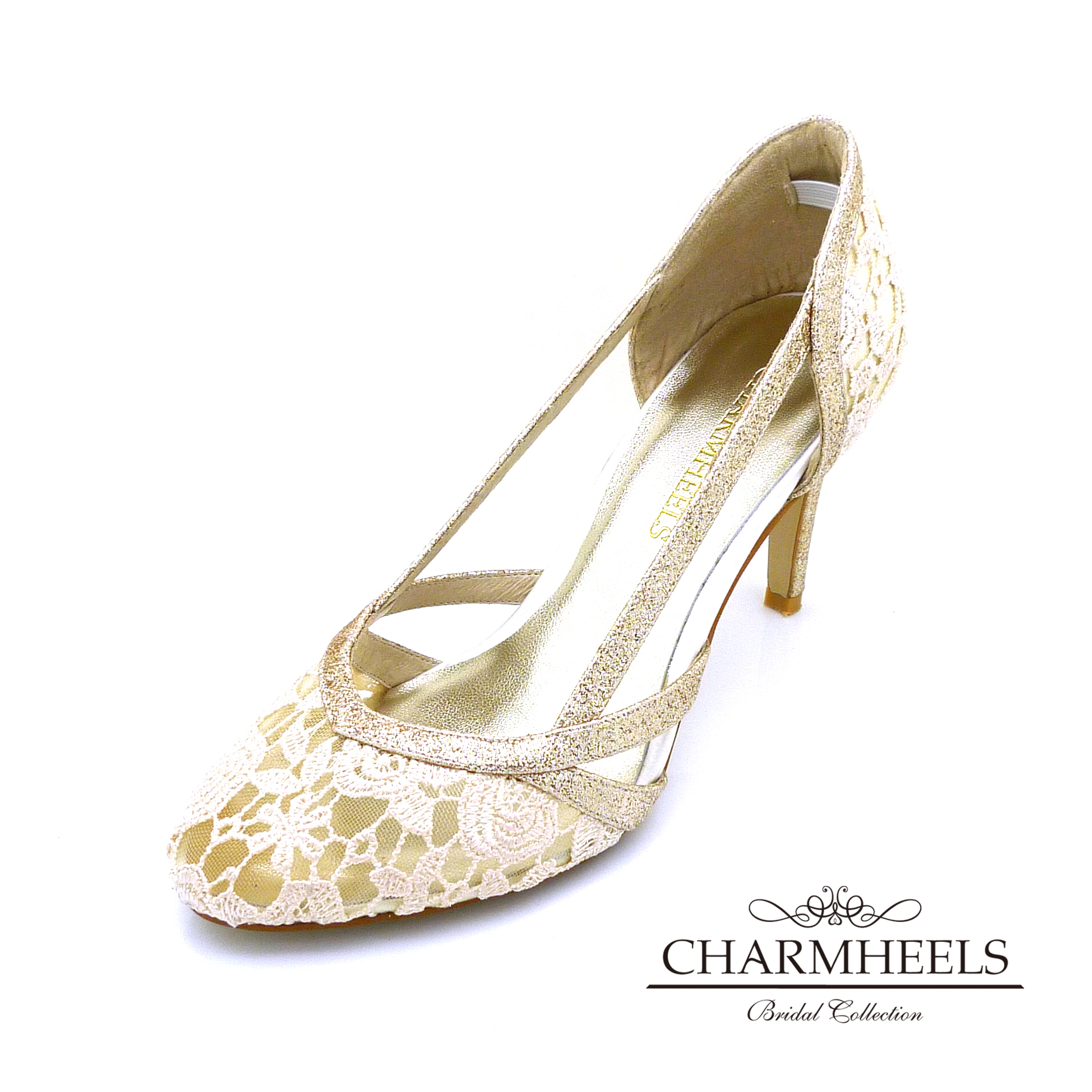金色婚鞋,蕾丝,