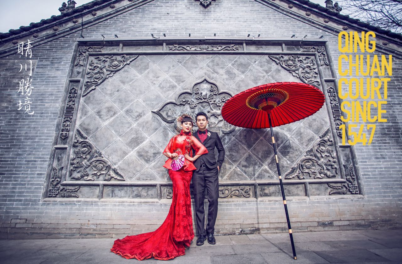中式婚纱照,中国风背景墙,