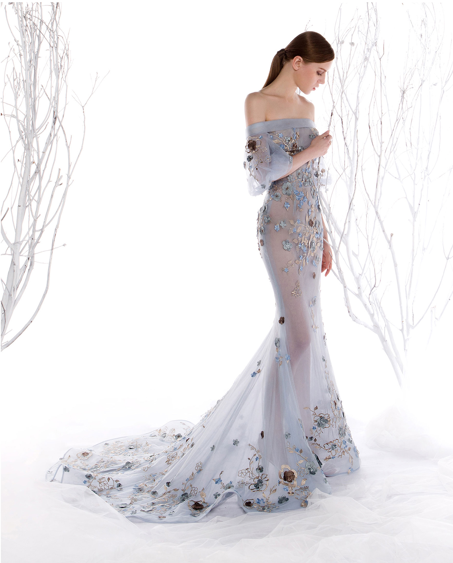 一字肩婚纱,新娘礼服,薄纱礼服,