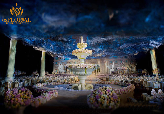 喷泉花艺设计,舞美灯光,唯美梦幻风婚礼,