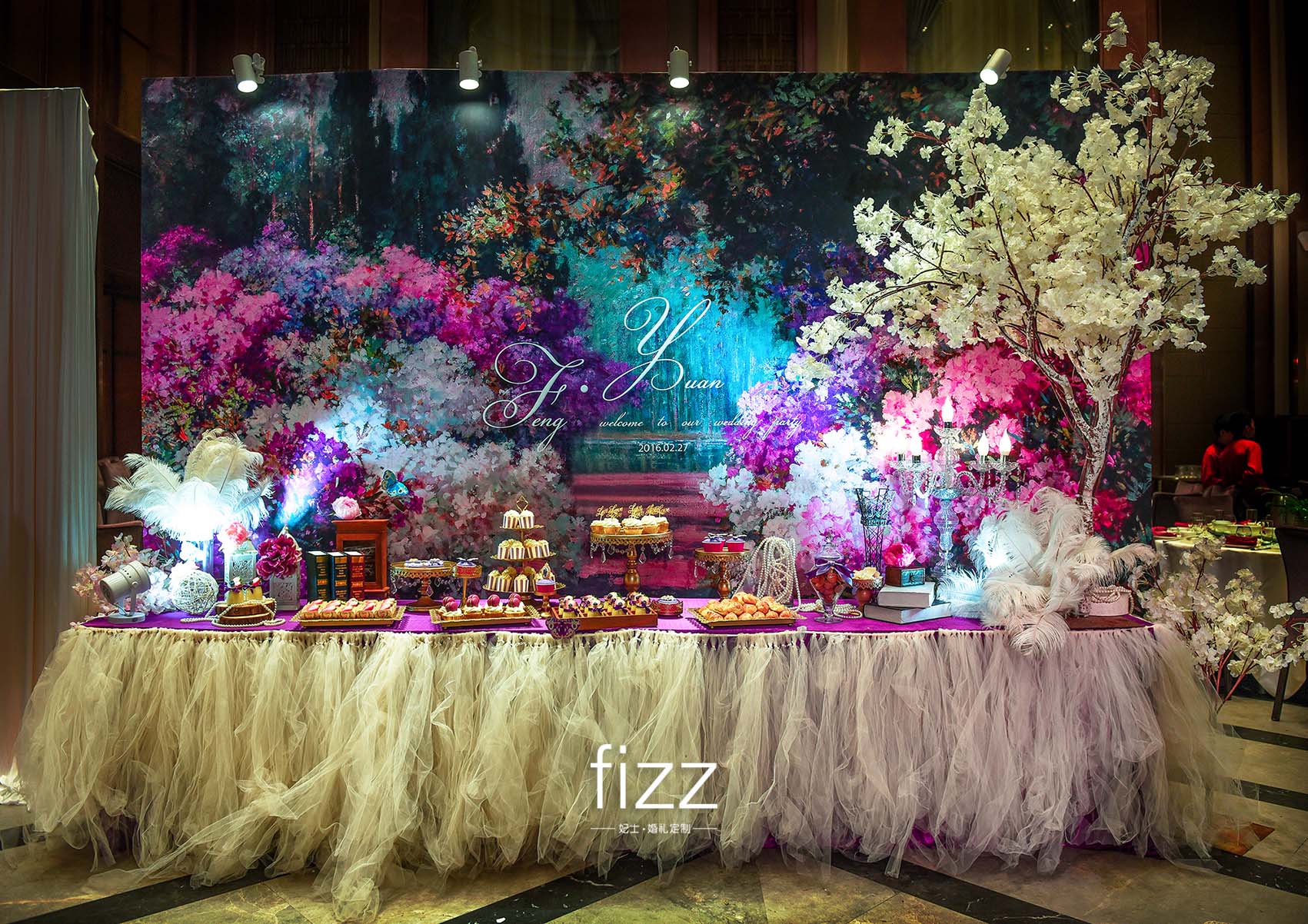 樱花主题婚礼,甜品桌,油画风樱花背景墙,