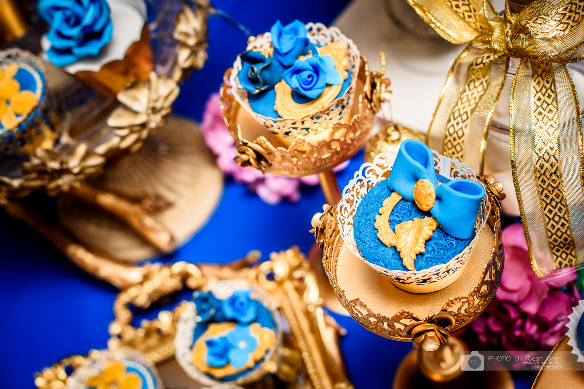 婚礼甜品,cupcake,蓝金撞色婚礼,