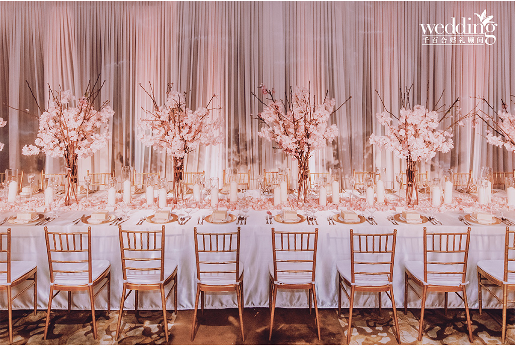 餐桌布置,西式长餐桌,樱花主题婚礼,
