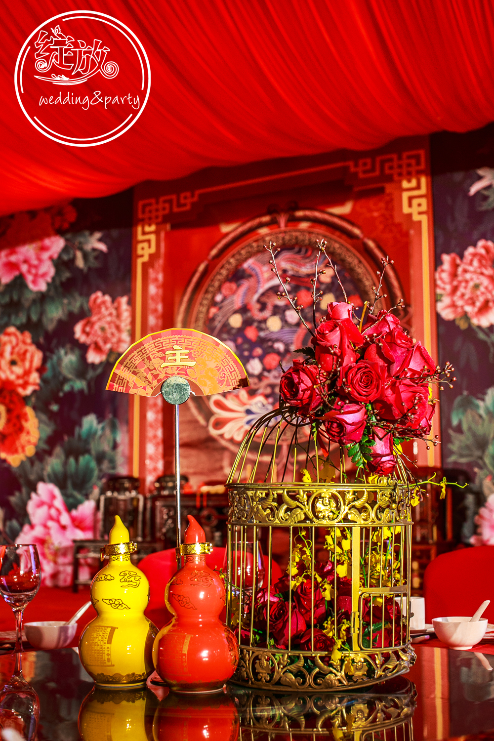 中式桌花,鸟笼花艺设计,桌号牌,