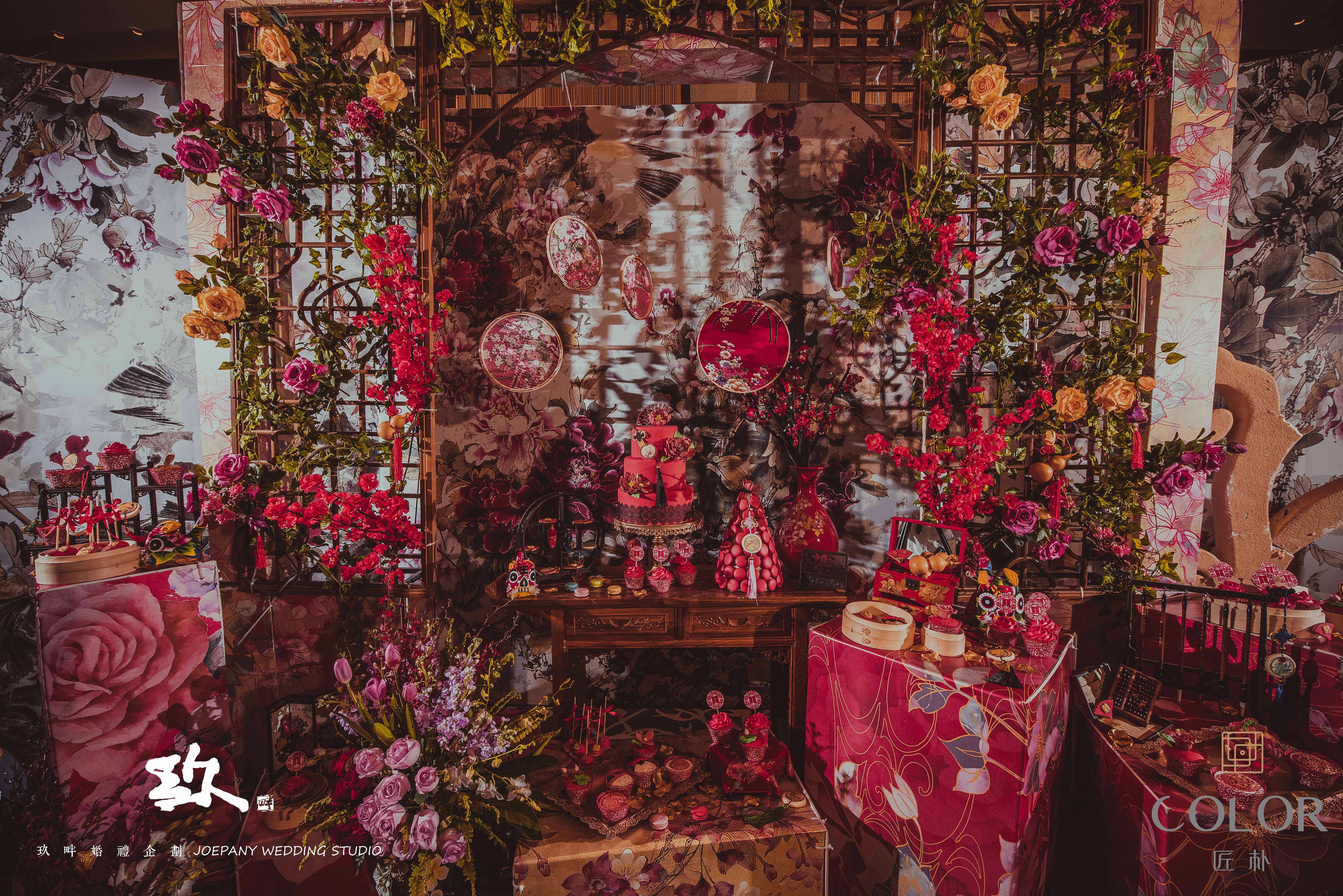 中式甜品桌,中式背景墙,