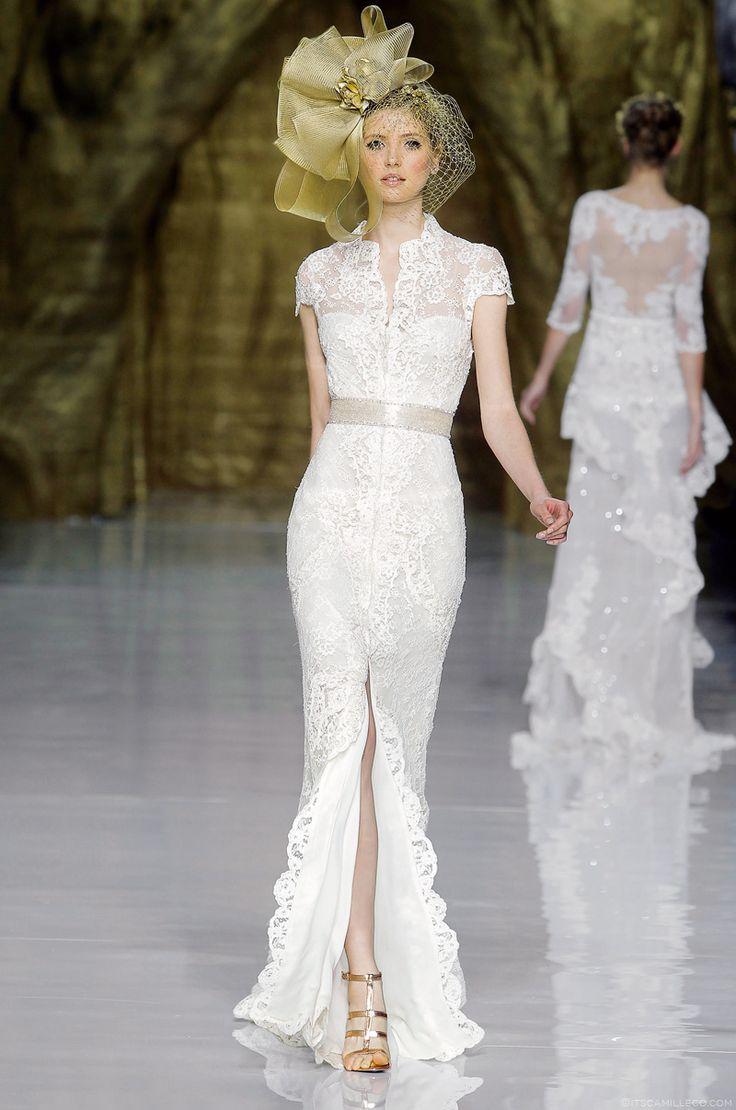 鱼尾肩袖婚纱,花朵头饰,PRONOVIAS,