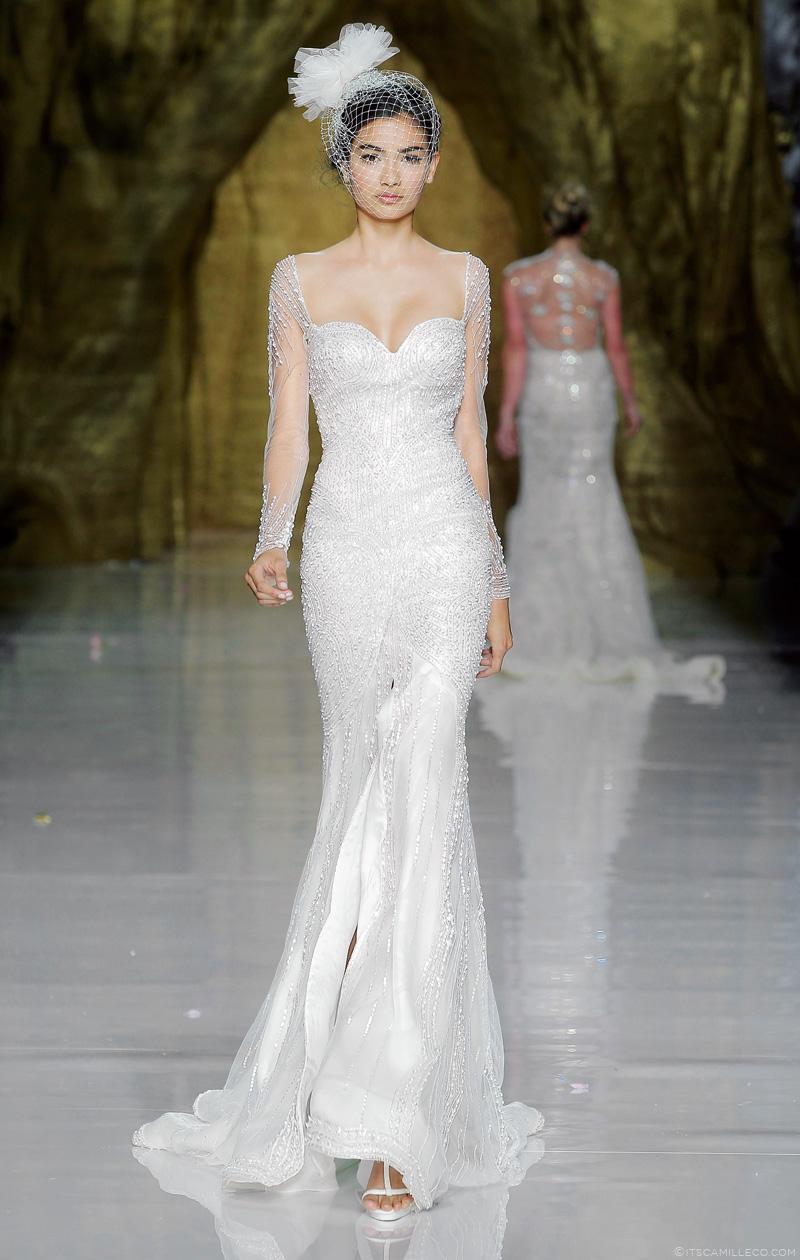 长袖鱼尾钉珠婚纱,新娘头纱,PRONOVIAS,