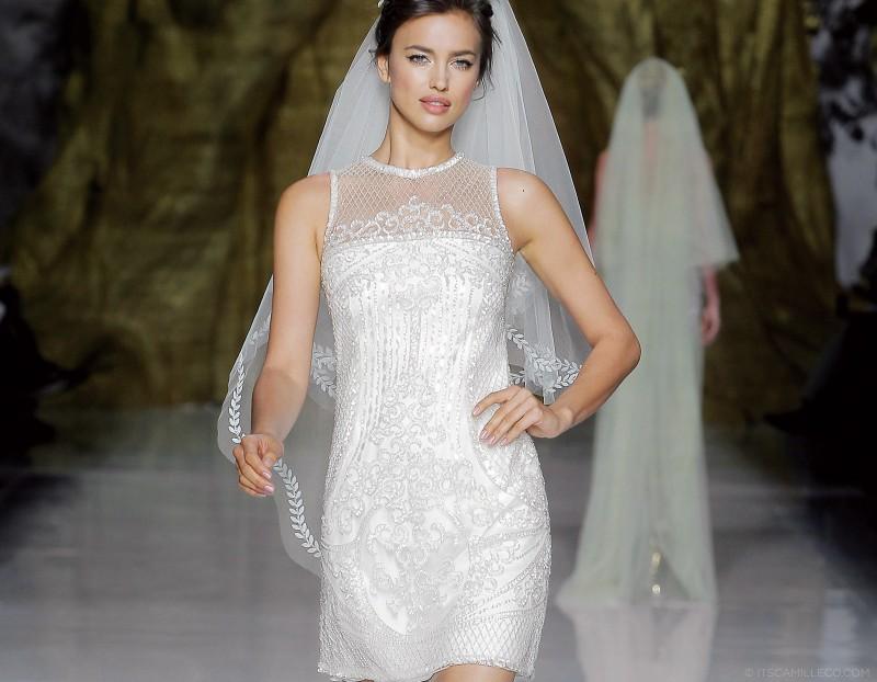 新娘钉珠短款婚纱,头纱,PRONOVIAS,