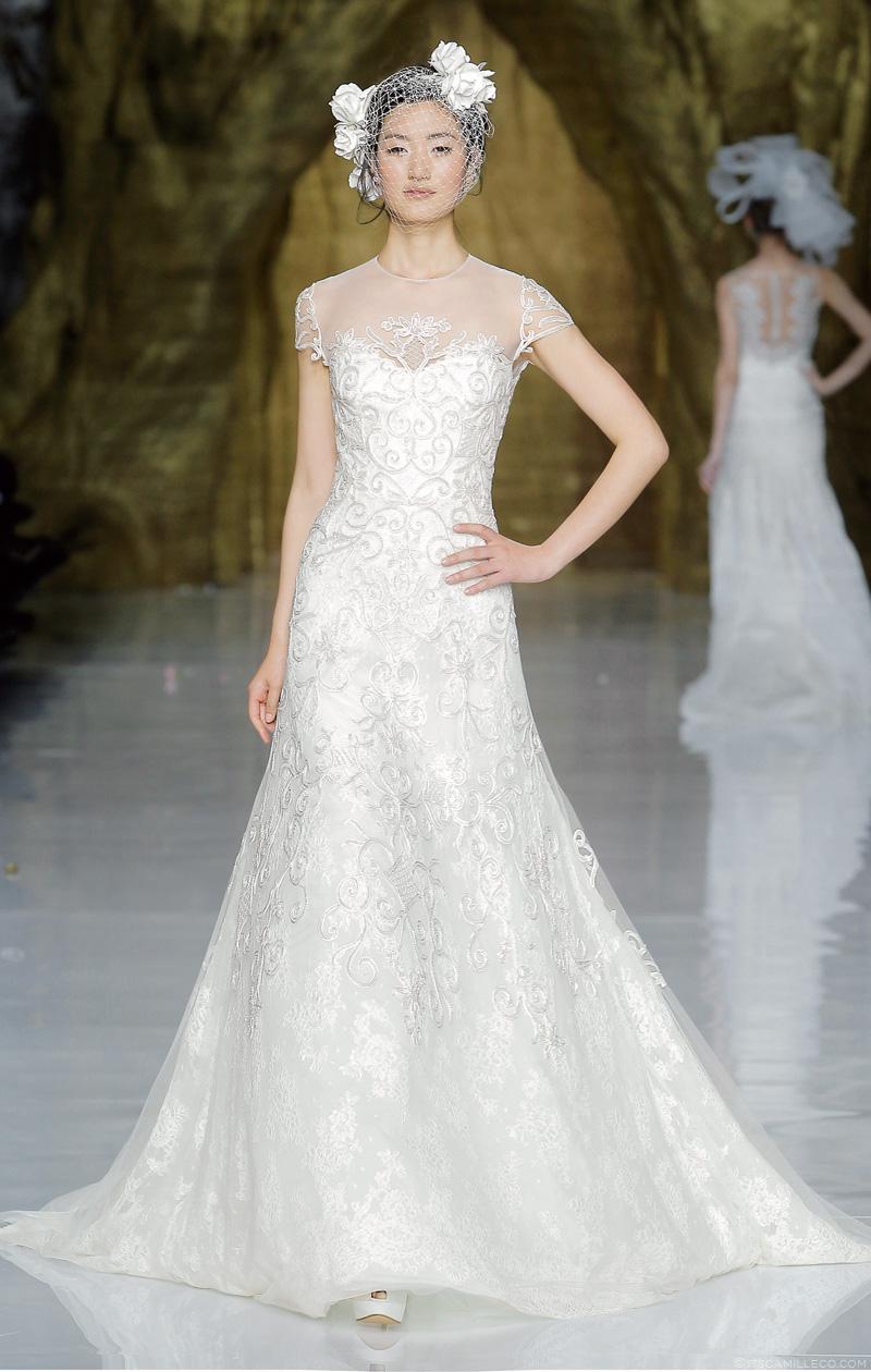 新娘肩袖钉珠拖尾婚纱,新娘面纱,PRONOVIAS,