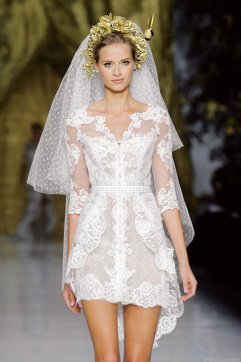 绣花中袖婚纱,新娘头饰头纱,PRONOVIAS,