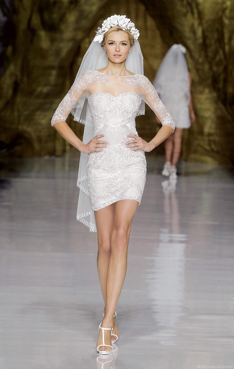 花朵头纱,中袖短款婚纱,PRONOVIAS,