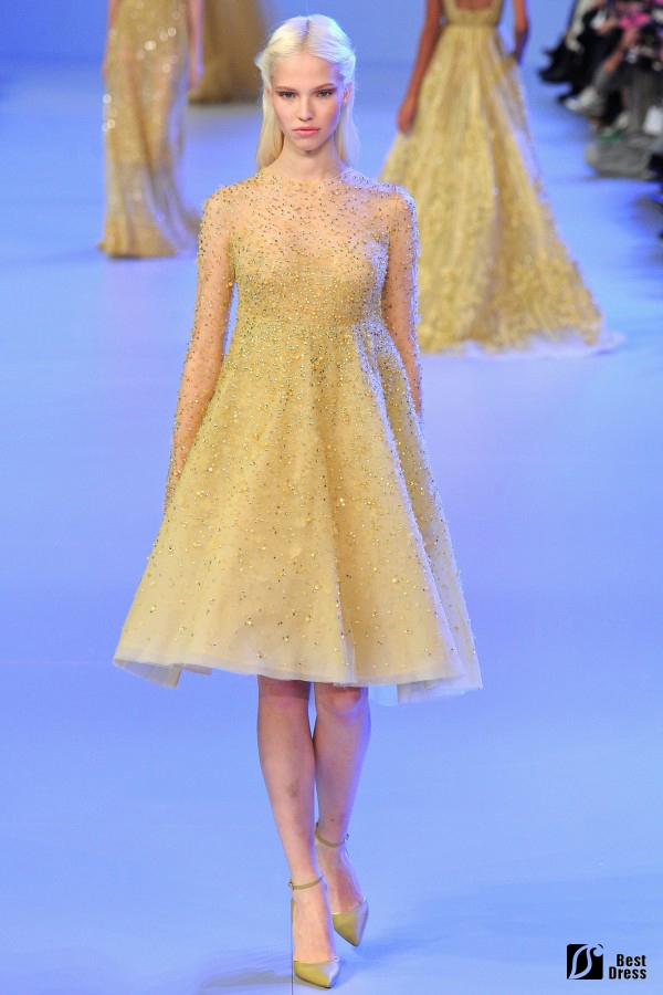 Elie Saab,长袖透视婚纱,短款黄色,