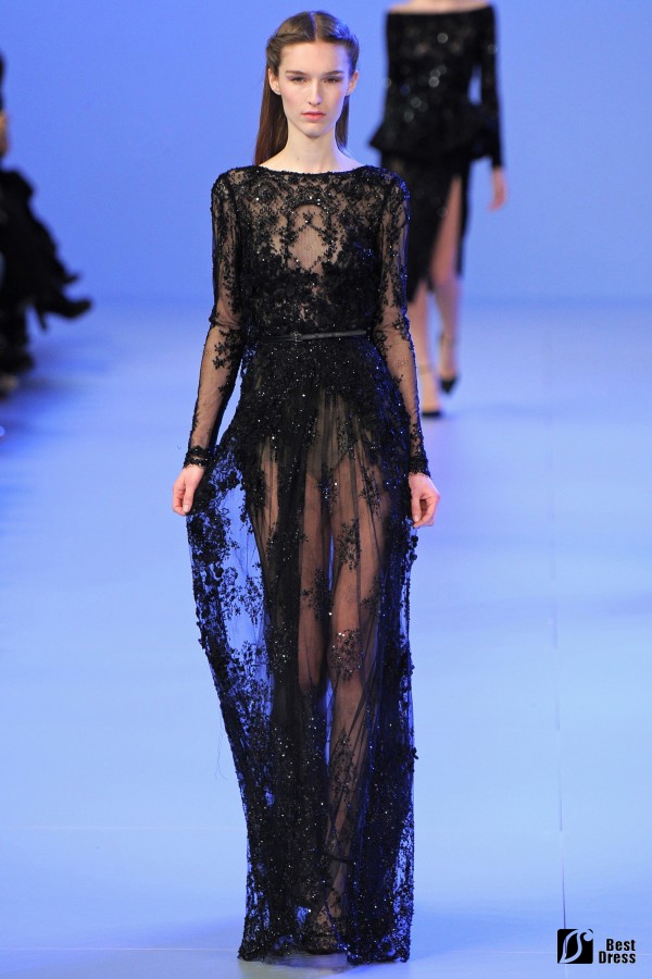 Elie Saab,黑色透视婚纱,长袖绣花,