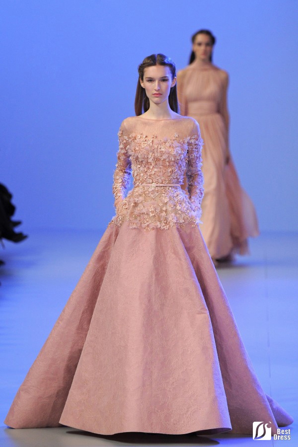 Elie Saab,绣花A字裙婚纱,长袖透明领线,