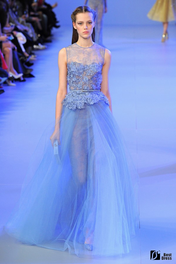 Elie Saab,蓝色透视婚纱,绣花,