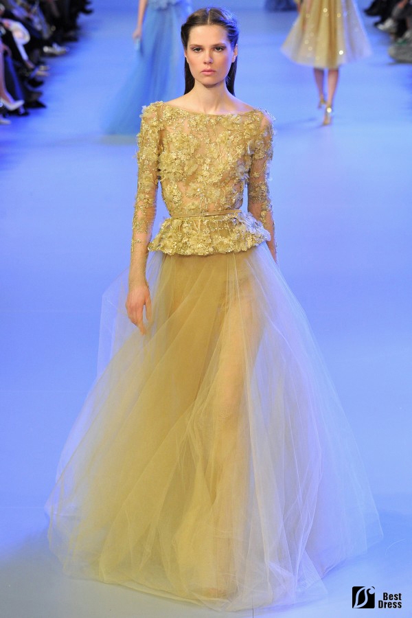 Elie Saab,长袖绣花婚纱,黄色轻透,