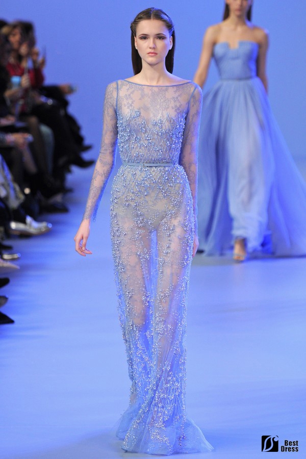 Elie Saab,长袖透视婚纱,蓝色绣花,