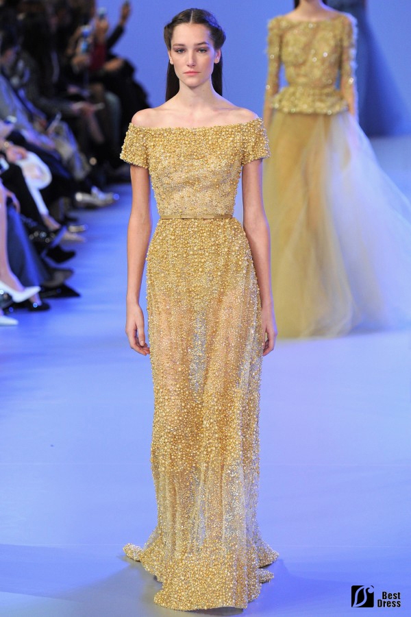 Elie Saab,一字肩透视婚纱,黄色,