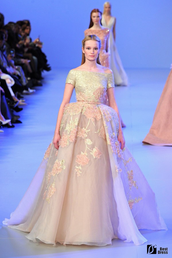 Elie Saab,卡肩式婚纱,绣花蓬蓬裙,