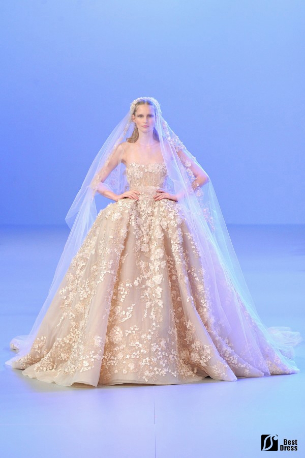 Elie Saab,抹胸蓬蓬裙婚纱,绣花,