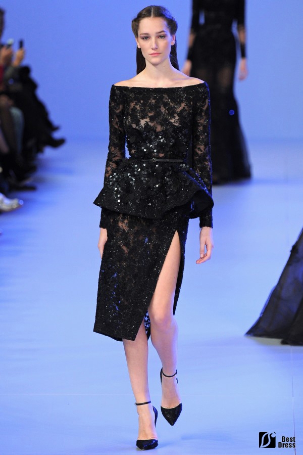 Elie Saab,长袖一字肩新娘礼服,短款露腿,