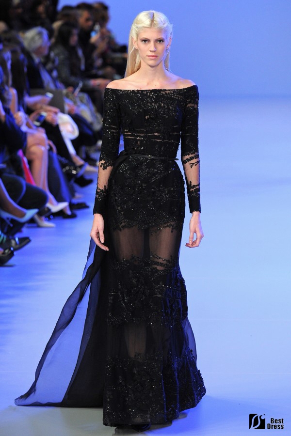 Elie Saab,一字肩透视新娘礼服,黑色长袖婚纱,